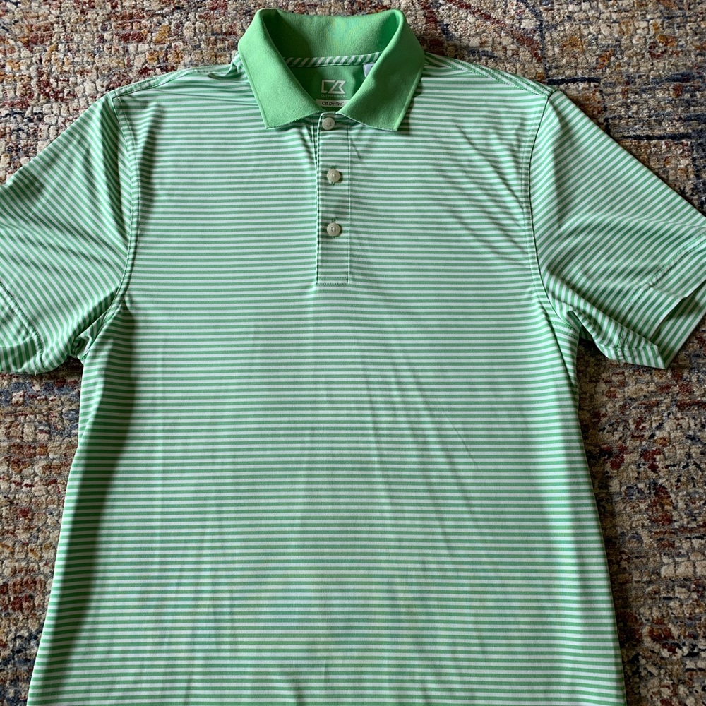 Gentle worn Cutter Buck green and white stripes